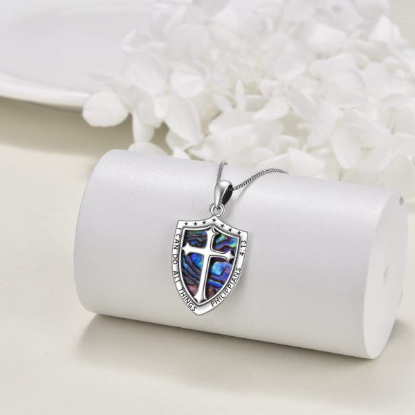 Sterling Silver Shield Armor of God Cross Pendant Necklace With Abalone Shell-2