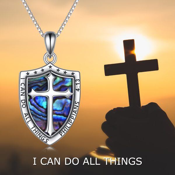 Sterling Silver Shield Armor of God Cross Pendant Necklace With Abalone Shell-5