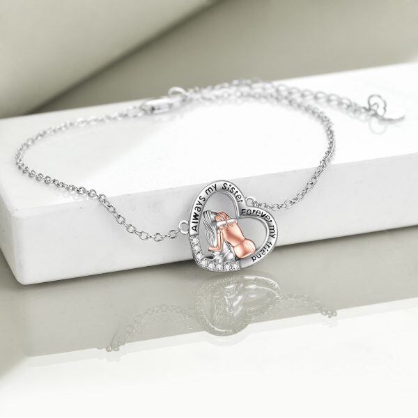 Sterling Silver Sister Heart Chain Bracelets-4