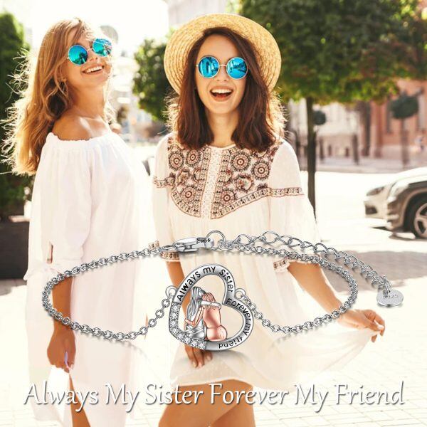 Sterling Silver Sister Heart Chain Bracelets-5