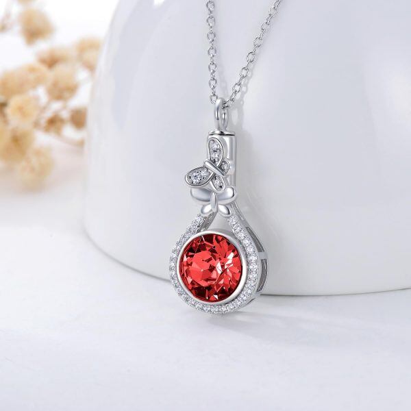 Sterling Silver Red Crystal Teardrop Urn Necklace With July Birthstone-3