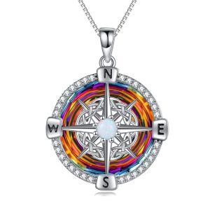 Sterling Silver Compass Pendant Necklace With Crystal And Opal-0