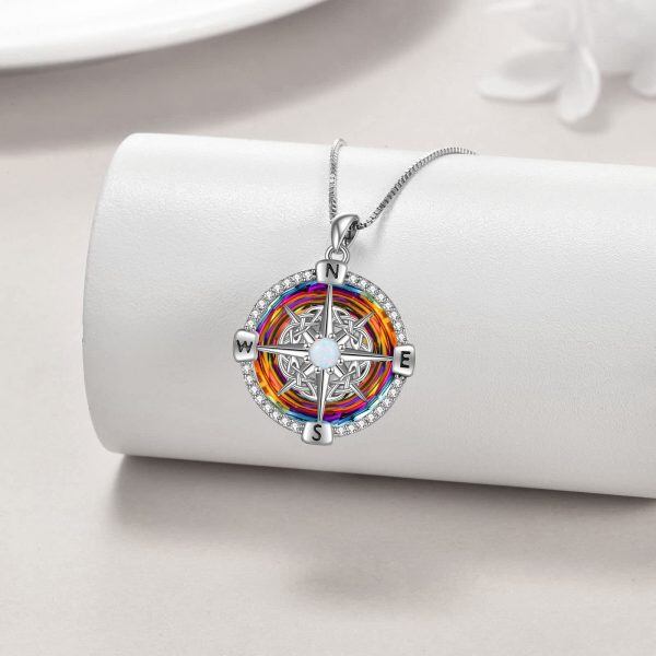 Sterling Silver Compass Pendant Necklace With Crystal And Opal-3