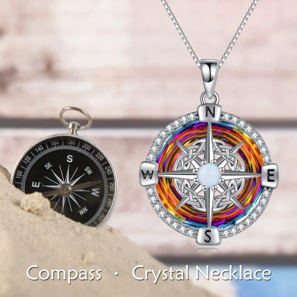 Sterling Silver Compass Pendant Necklace With Crystal And Opal-5