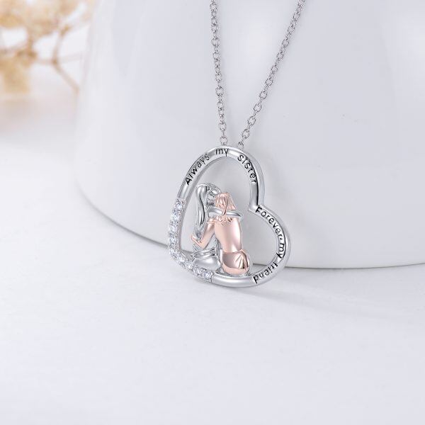 Sterling Silver Sister Heart Pendant Necklace-3