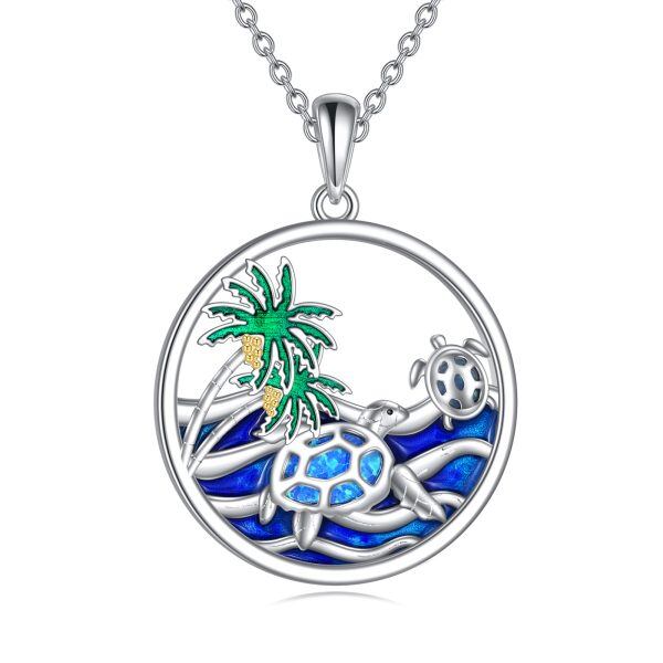 Sterling Silver Blue Opal Turtle Pendant Necklace-0