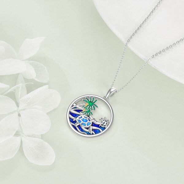 Sterling Silver Blue Opal Turtle Pendant Necklace-3