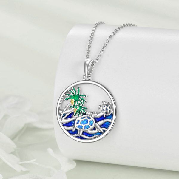 Sterling Silver Blue Opal Turtle Pendant Necklace-4