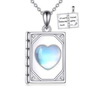 Sterling Silver Book Love Heart Moonstone Pendant Necklace-0