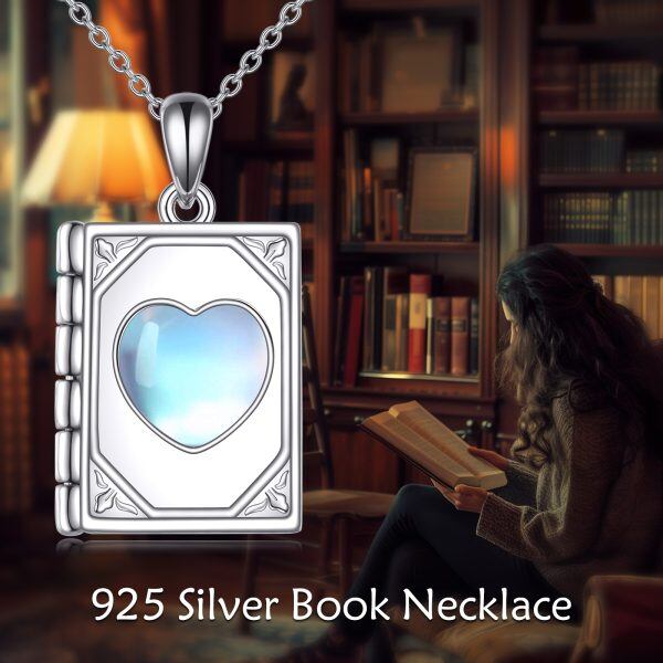 Sterling Silver Book Love Heart Moonstone Pendant Necklace-5