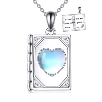 wholesale 925 Sterling Silver Heart-Shaped Moonstone Book Locket Pendant Necklaces Graduation Gifts for Women- Rhodium Plated