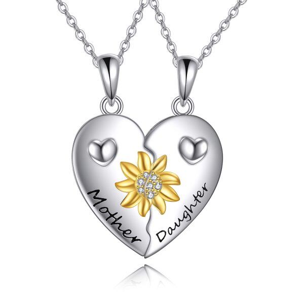 Sterling Silver Mother Daughter Necklace for 2 Heart Sunflower Necklace Set-0