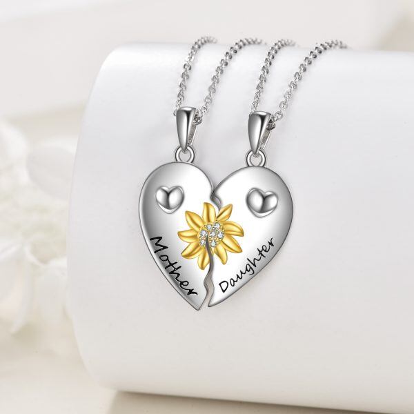 Sterling Silver Mother Daughter Necklace for 2 Heart Sunflower Necklace Set-3