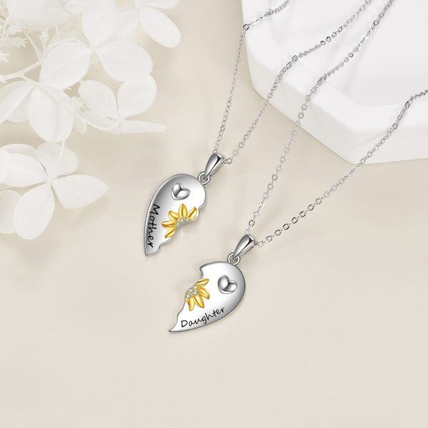 Sterling Silver Mother Daughter Necklace for 2 Heart Sunflower Necklace Set-4