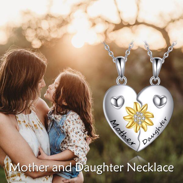 Sterling Silver Mother Daughter Necklace for 2 Heart Sunflower Necklace Set-5