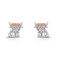 wholesale 925 Sterling Silver Highland Cow Stud Earrings with Rose Gold Flower Crown Gift for Women Teenage Girls Valentines Day Birthdays Christmas- Two Tone