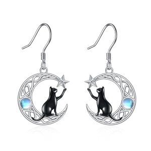 Sterling Silver Black Cat & MoonDangle Earrings With Moonstone -0