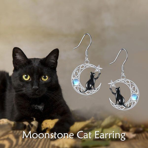 Sterling Silver Black Cat & MoonDangle Earrings With Moonstone -3