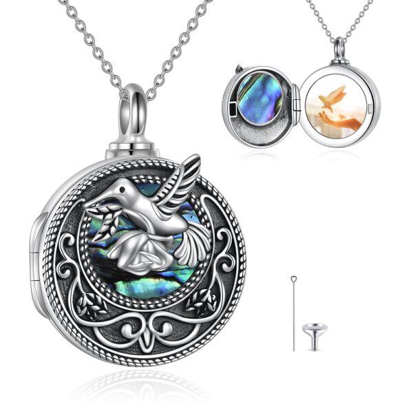 Sterling Silver Oxidized Hummingbird Urn Necklace & Locket Necklace With Abalone Shell-0