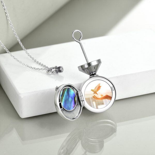 Sterling Silver Oxidized Hummingbird Urn Necklace & Locket Necklace With Abalone Shell-5