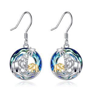 Sterling Silver Elephant Mother Daughter Dangle Earrings With Circle Crystal -0