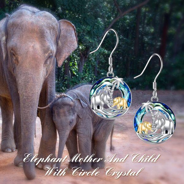 Sterling Silver Elephant Mother Daughter Dangle Earrings With Circle Crystal -5