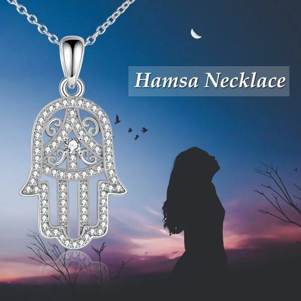 Sterling Silver Hamsa Hand of Fatima Pendant Necklace-5