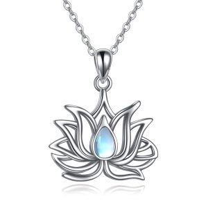 Sterling Silver Moonstone Lotus Flower Pendant Necklace-0