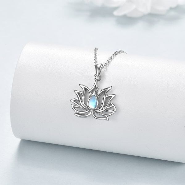 Sterling Silver Moonstone Lotus Flower Pendant Necklace-3