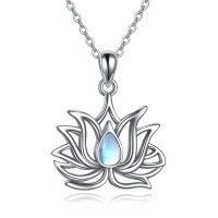 wholesale 925 Sterling Silver Rainbow Moonstone Lotus Flower Pendant Necklace for Women s- Rhodium Plated