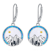 wholesale 925 Sterling Silver Mountain Landscape Dangle Earrings with Blue Opal and Gold Accents- Rhodium Plated
