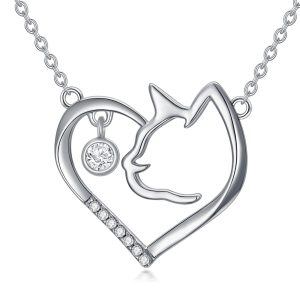 Sterling Silver Cat Heart Pendant Necklace With Mossanite & Diamond-0