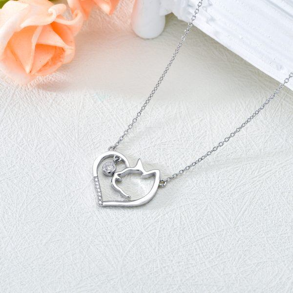 Sterling Silver Cat Heart Pendant Necklace With Mossanite & Diamond-4