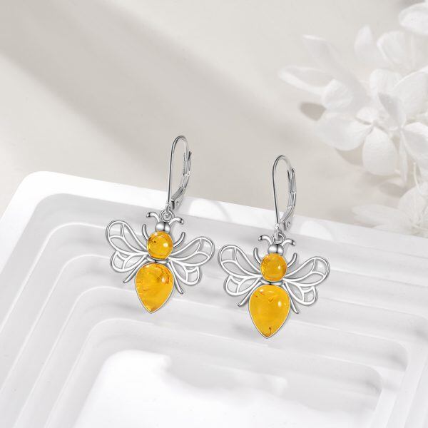 Sterling Silver Bee Amber Dangle Earrings-3