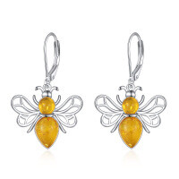 wholesale 925 Sterling Silver Honeybee with Amber Accents Drop Earrings- Rhodium Plated