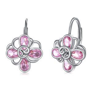 Sterling Silver Pink Flower Huggie Earrings-0