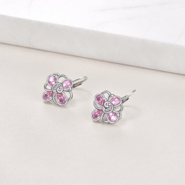 Sterling Silver Pink Flower Huggie Earrings-3