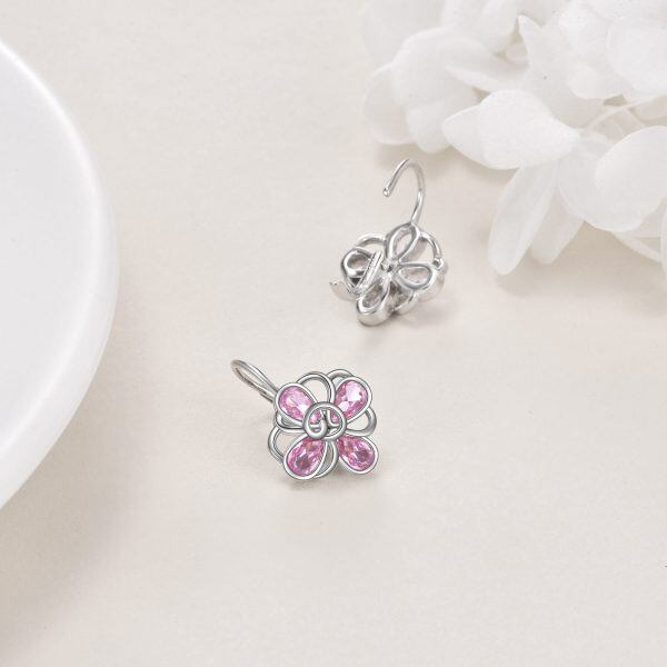 Sterling Silver Pink Flower Huggie Earrings-4