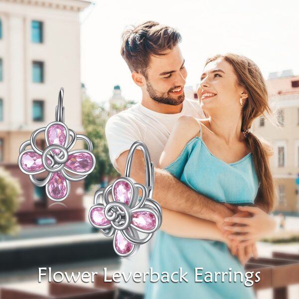 Sterling Silver Pink Flower Huggie Earrings-5