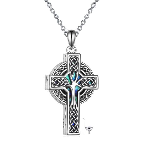 Sterling Silver Celtic Knot Tree of Life Cross Urn Necklace With Abalone Shell-0