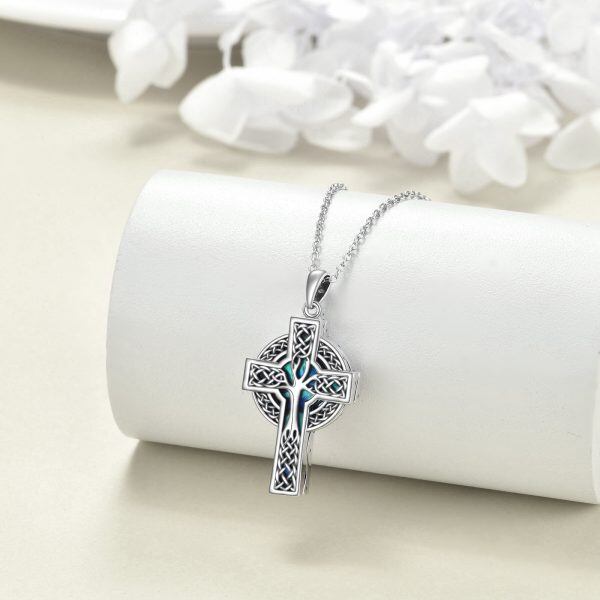 Sterling Silver Celtic Knot Tree of Life Cross Urn Necklace With Abalone Shell-3