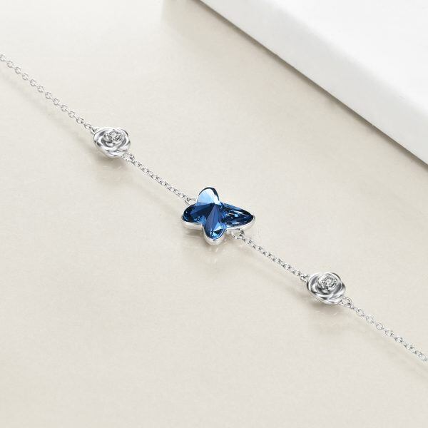 Sterling Silver Blue Crystal Butterfly Rose Ankle Bracelet-3