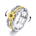 wholesale 925 Sterling Silver Yellow Gold Plated Sunflower Design Mood Ring with Adjustable Band and Anti-Anxiety Benefits-0-0