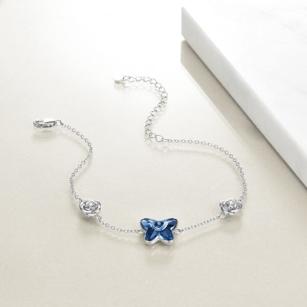 Sterling Silver Blue Crystal Butterfly Rose Ankle Bracelet-4