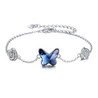 wholesale 925 Sterling Silver Butterfly Blue Crystal Flower Charm Bracelet for Women's Fashion Jewelry USA Seller- Rhodium Plated