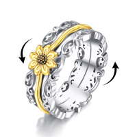 wholesale 925 Sterling Silver Yellow Gold Plated Sunflower Design Mood Ring with Adjustable Band and Anti-Anxiety Benefits- US # 11