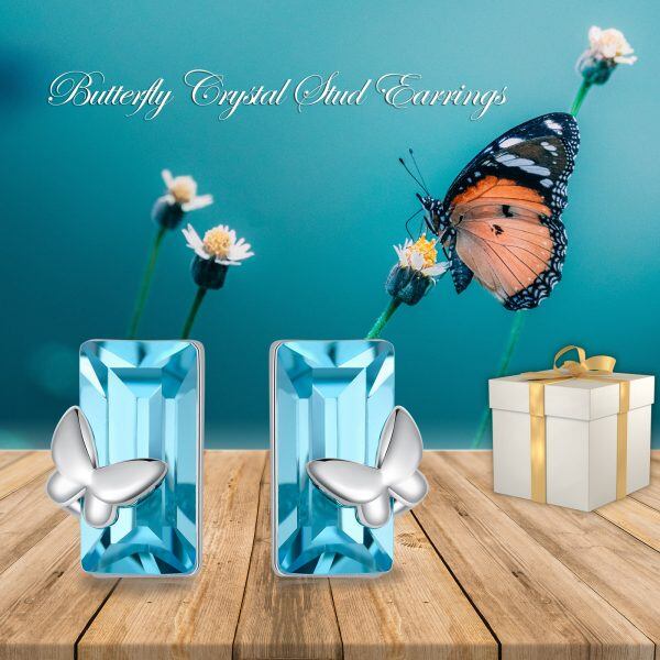 Sterling Silver Butterfly Blue Crystal Stud Earring-5