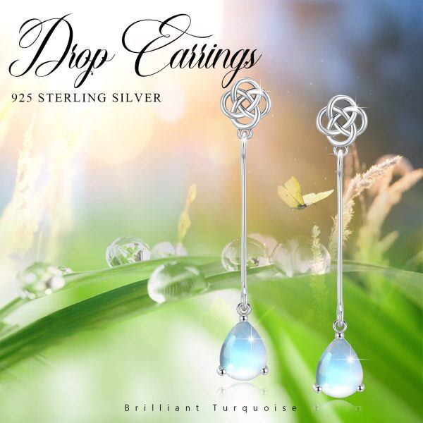 Sterling Silver Celtic Knot Monstone Teardrop Dangle Earrings-4