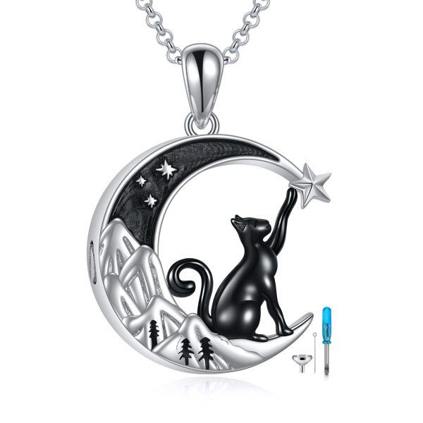 Sterling Silver Black Cat & Moon Urn Necklace-0