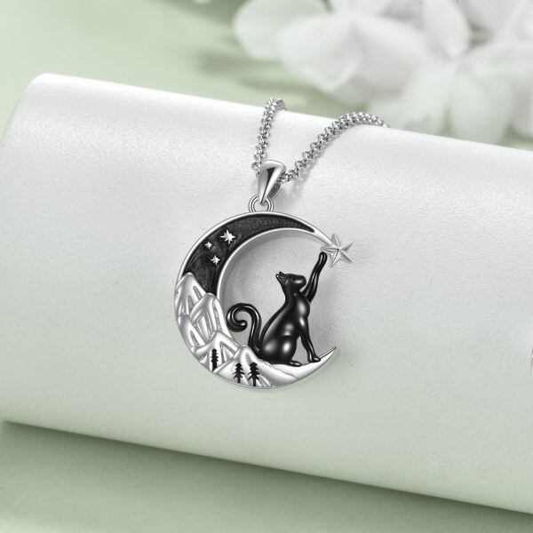 Sterling Silver Black Cat & Moon Urn Necklace-3